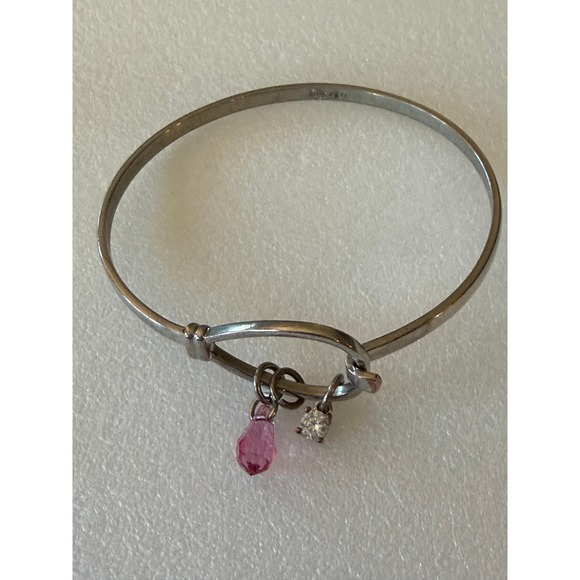 Carolina Herrera 925 Sterling Silver Charm Bangle Bracelet Pink Crystal Drop - Picture 3 of 6